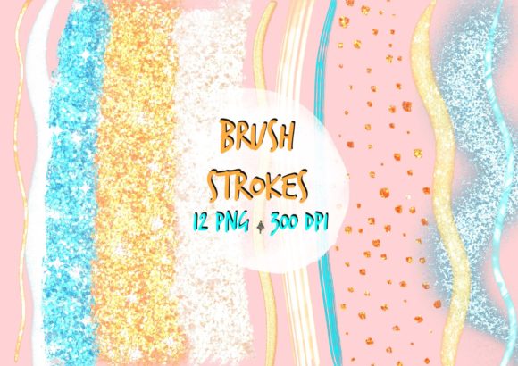 Blue Gold Glitter Brush Stroke Clip Arts for Designers