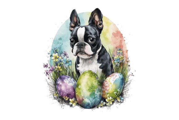 Boston Terrier Easter Eggs: Charming Watercolor Illustrations for Spring Projects