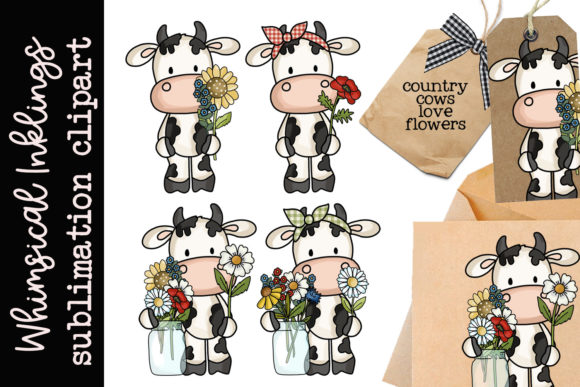 Country Cows Love Flowers Clipart: Whimsical Design Assets