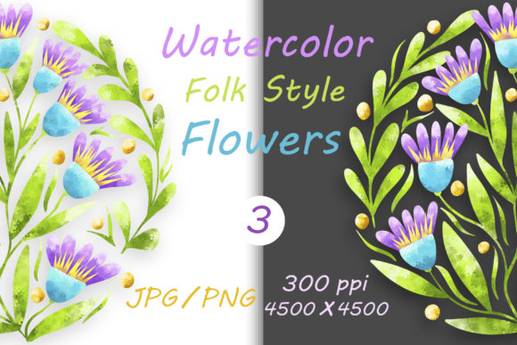 Flowers in Folk Style and Hand Drawn 03: A Designer's Watercolor Toolkit