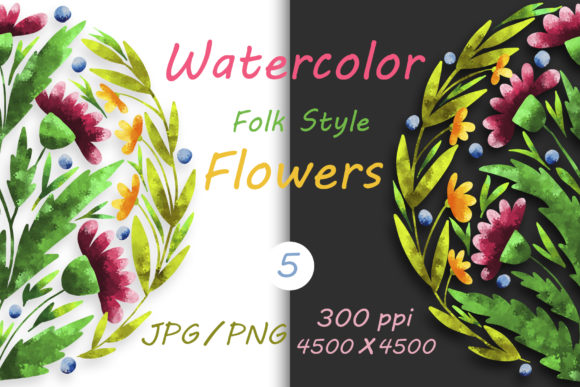 Flowers in Folk Style and Hand Drawn 05: A Watercolor Asset for Authentic Design
