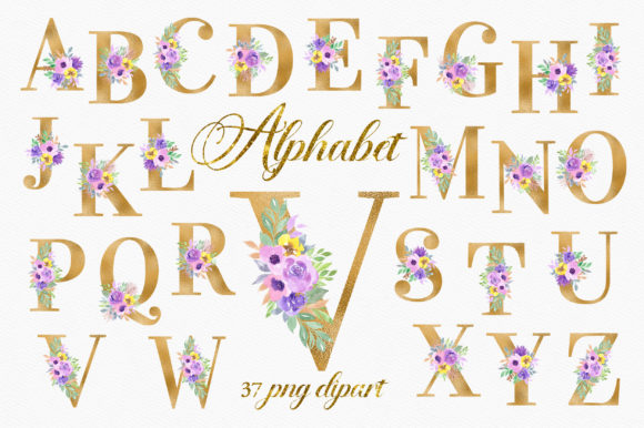 Gold Violet Floral Alphabet Numbers: A Creative Touch for Your Projects